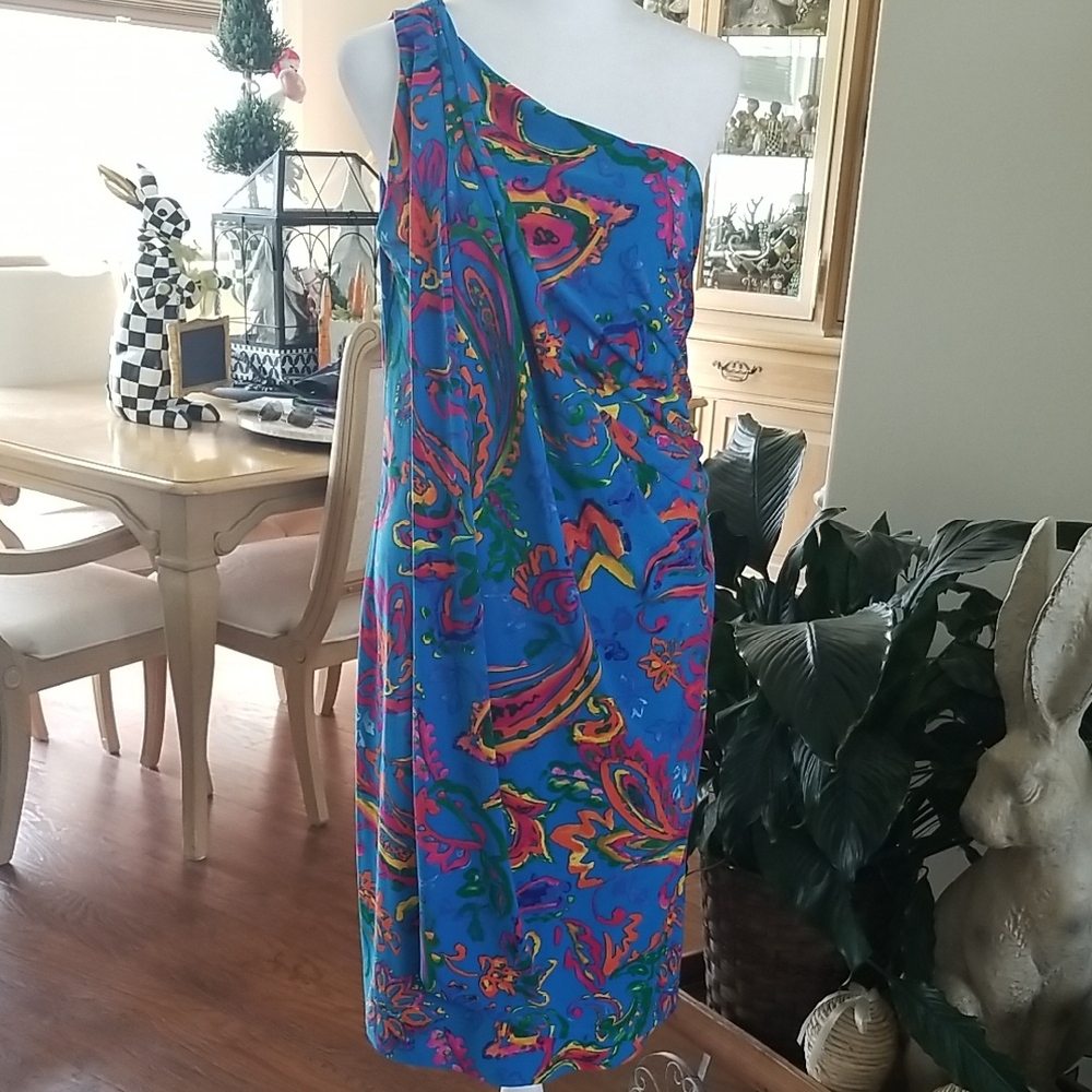Ralph Lauren One-Shoulder Bright Blue Multicolor Paisley Dress